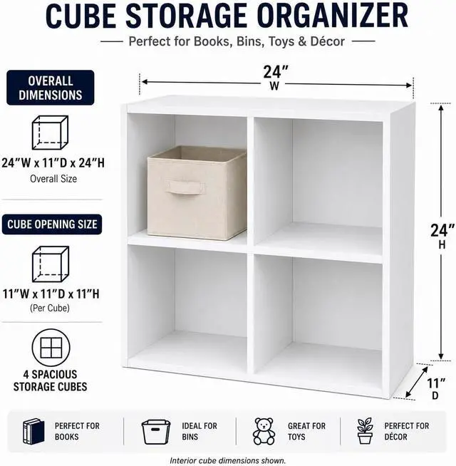 Alt view image 3 of 6 - White Wood 4 Cube Organizer Storage Bookcase