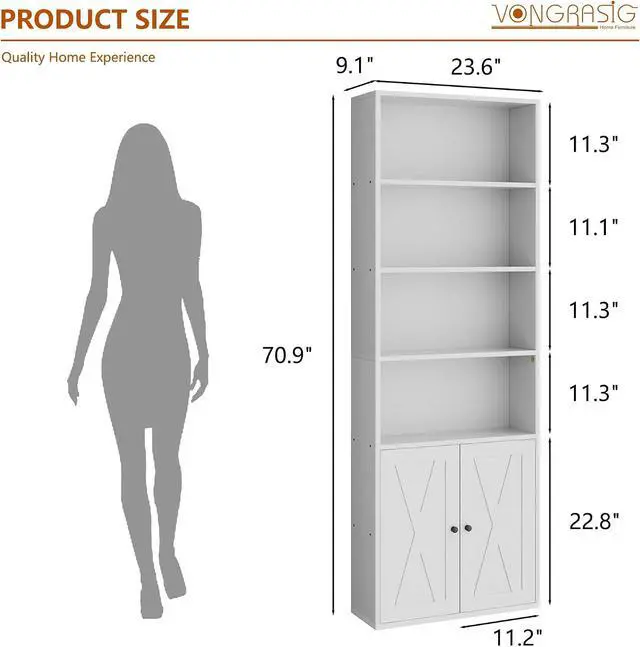 Alt view image 2 of 7 - 6-Tier Open Bookcase and Bookshelf with Doors, Floor Standing Farmhouse Display Storage Shelves 71 Inch Wood Tall Bookcase for Home Office, Living Room, Bed Room, White, 2 Pieces