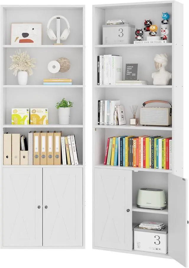 Alt view image 7 of 7 - 6-Tier Open Bookcase and Bookshelf with Doors, Floor Standing Farmhouse Display Storage Shelves 71 Inch Wood Tall Bookcase for Home Office, Living Room, Bed Room, White, 2 Pieces