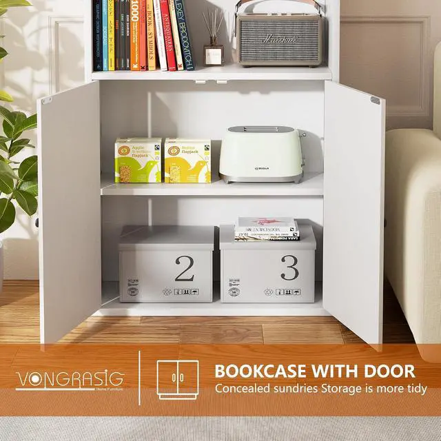 Alt view image 4 of 7 - 6-Tier Open Bookcase and Bookshelf with Doors, Floor Standing Farmhouse Display Storage Shelves 71 Inch Wood Tall Bookcase for Home Office, Living Room, Bed Room, White, 2 Pieces