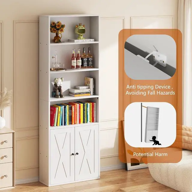 Alt view image 6 of 7 - 6-Tier Open Bookcase and Bookshelf with Doors, Floor Standing Farmhouse Display Storage Shelves 71 Inch Wood Tall Bookcase for Home Office, Living Room, Bed Room, White, 2 Pieces