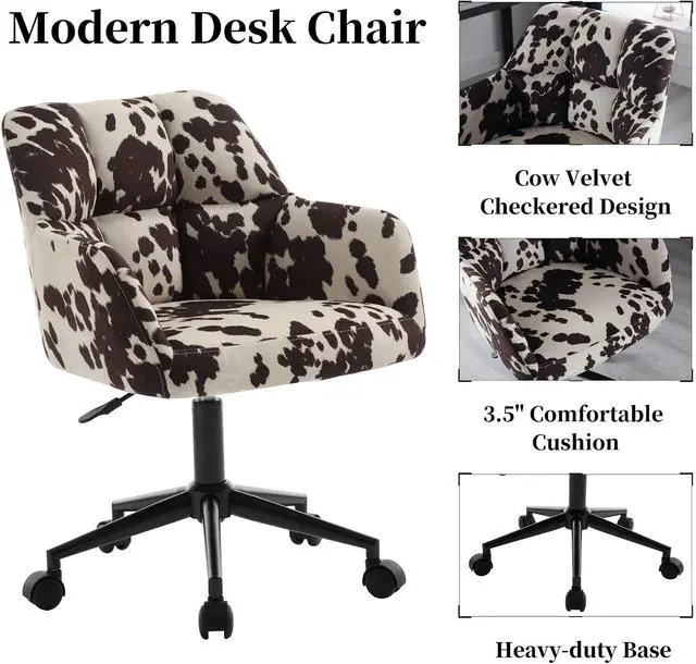 Alt view image 3 of 7 - Cow Print Chair Modern Velvet Office Desk Chair with Armrest, Height Adjustable Wide Seat Computer Task Chair for Home Office, Mid Back Accent Chair, Cow
