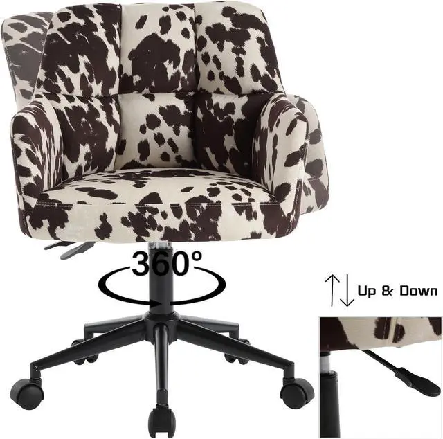 Alt view image 4 of 7 - Cow Print Chair Modern Velvet Office Desk Chair with Armrest, Height Adjustable Wide Seat Computer Task Chair for Home Office, Mid Back Accent Chair, Cow