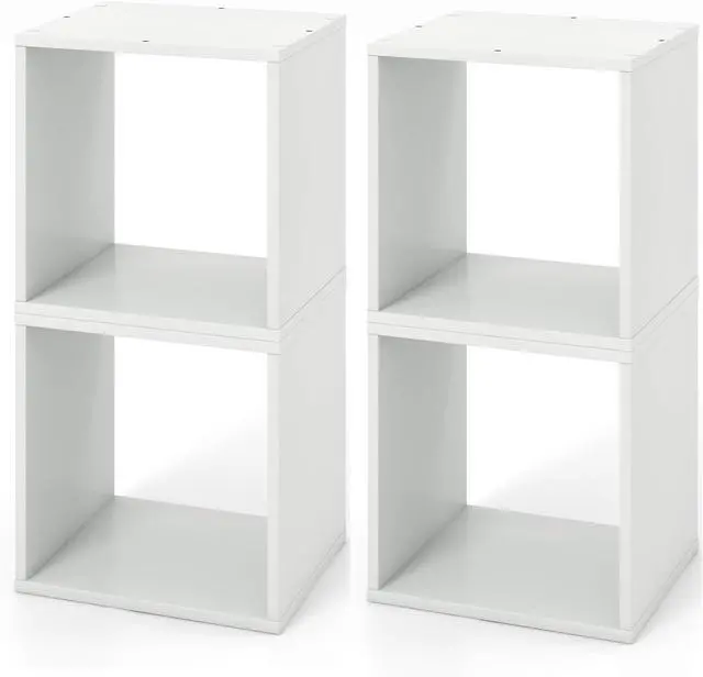 Main image of 4 Cube Bookshelf Organizer, 2-Tier Stackable Cube Storage Organizer, Small Wooden Open Book Shelf with Anti-toppling Device, Wood Floor Standing Display Shelving Bookcase, White