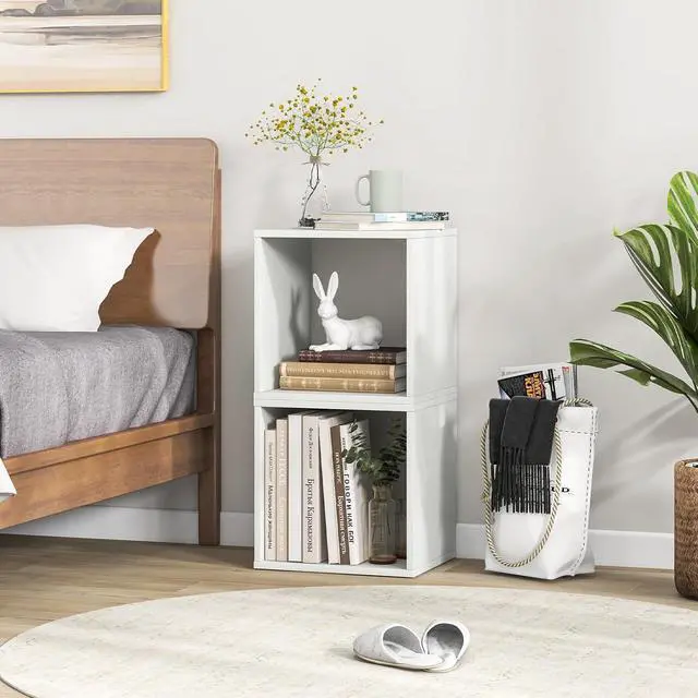 Alt view image 6 of 7 - 4 Cube Bookshelf Organizer, 2-Tier Stackable Cube Storage Organizer, Small Wooden Open Book Shelf with Anti-toppling Device, Wood Floor Standing Display Shelving Bookcase, White