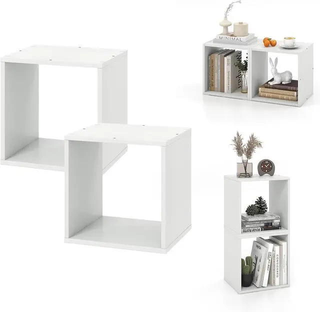 Main image of 2 Cube Bookshelf Organizer, 2-Tier Stackable Cube Storage Organizer, Small Wooden Open Book Shelf with Anti-toppling Device, Wood Floor Standing Display Shelving Bookcase, White