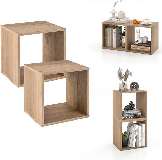 Main image of 2 Cube Bookshelf Organizer, 2-Tier Stackable Cube Storage Organizer, Small Wooden Open Book Shelf with Anti-toppling Device, Wood Floor Standing Display Shelving Bookcase, Natural