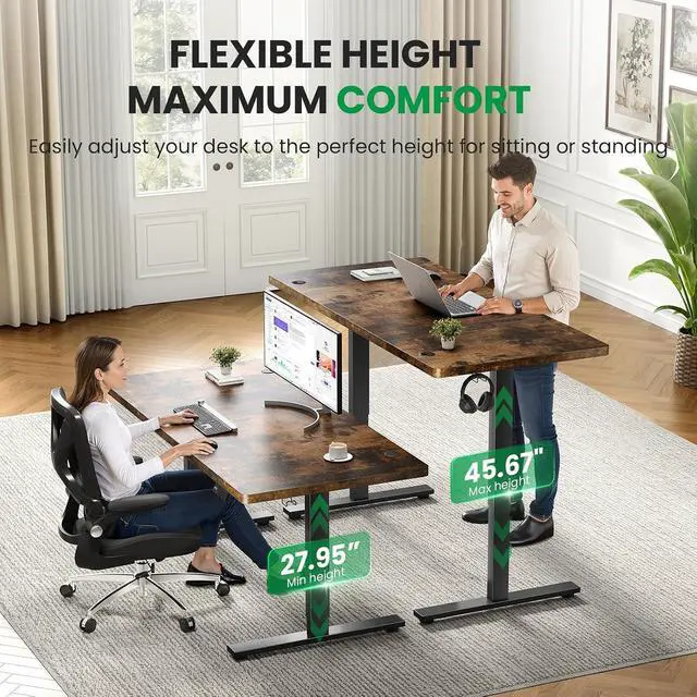 Alt view image 5 of 7 - Electric Standing Desk Adjustable - 60x28 Inch Sit Stand Desk with 1 Inch Thick Tabletop, Double Beam Frame, 3 Memory Height Adjustment, Cable Management for Home Office