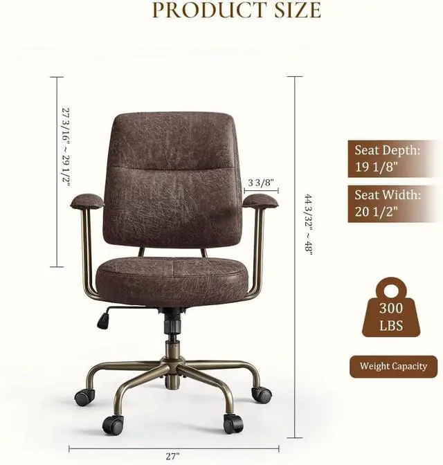 Alt view image 2 of 7 - Becky Mid Century Modern Office Desk Chairs Leather, Comfy Office Chair with Lumbar Support and Arms, Mid-Back, Comfortable Thick Cushion, Height Adjustable, 360°Swivel, Brown