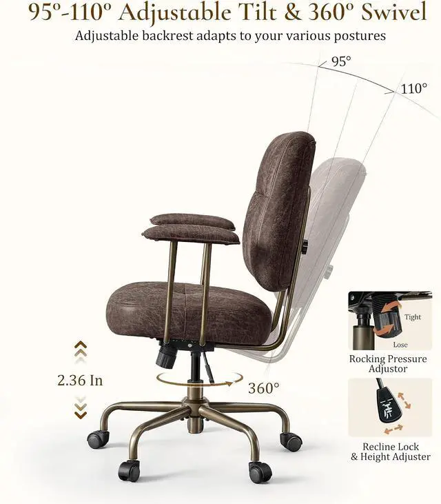 Alt view image 6 of 7 - Becky Mid Century Modern Office Desk Chairs Leather, Comfy Office Chair with Lumbar Support and Arms, Mid-Back, Comfortable Thick Cushion, Height Adjustable, 360°Swivel, Brown