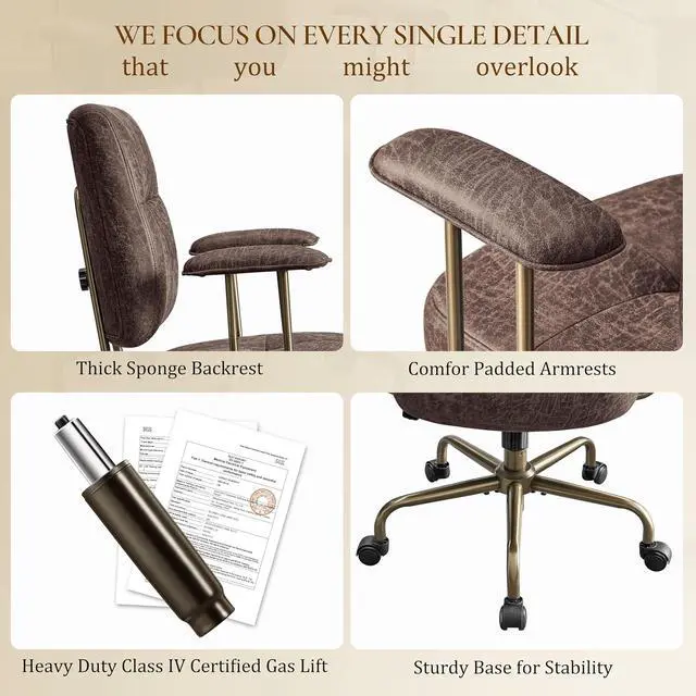 Alt view image 7 of 7 - Becky Mid Century Modern Office Desk Chairs Leather, Comfy Office Chair with Lumbar Support and Arms, Mid-Back, Comfortable Thick Cushion, Height Adjustable, 360°Swivel, Brown
