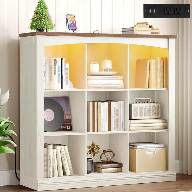 Main image of 3 Tier Wood Cube Bookshelf, 9 Cube Storage Organizer with LED Lights & Charging Station, Low and Rustic Display Cabinet for Bedroom, Office, Living Room, White BC33314X