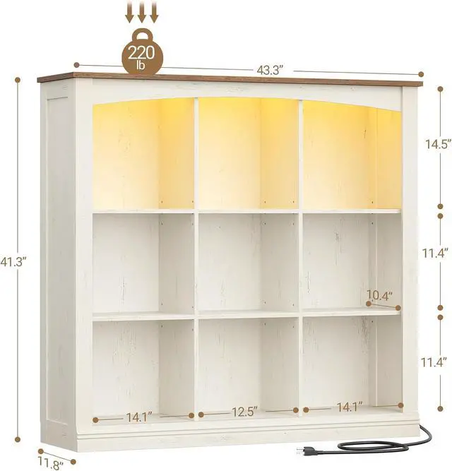 Alt view image 2 of 7 - 3 Tier Wood Cube Bookshelf, 9 Cube Storage Organizer with LED Lights & Charging Station, Low and Rustic Display Cabinet for Bedroom, Office, Living Room, White BC33314X