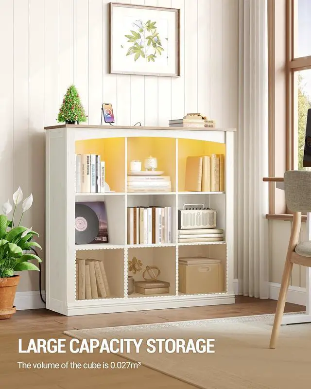 Alt view image 3 of 7 - 3 Tier Wood Cube Bookshelf, 9 Cube Storage Organizer with LED Lights & Charging Station, Low and Rustic Display Cabinet for Bedroom, Office, Living Room, White BC33314X