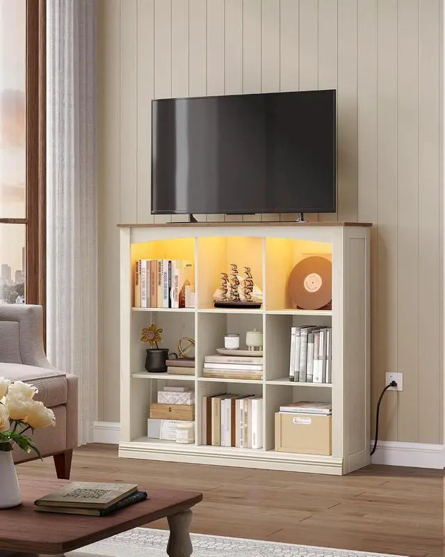 Alt view image 5 of 7 - 3 Tier Wood Cube Bookshelf, 9 Cube Storage Organizer with LED Lights & Charging Station, Low and Rustic Display Cabinet for Bedroom, Office, Living Room, White BC33314X