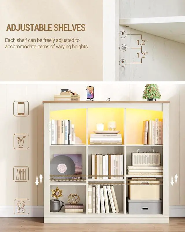 Alt view image 7 of 7 - 3 Tier Wood Cube Bookshelf, 9 Cube Storage Organizer with LED Lights & Charging Station, Low and Rustic Display Cabinet for Bedroom, Office, Living Room, White BC33314X