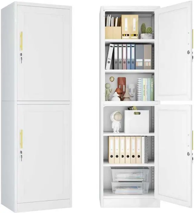 Main image of 2 Door Metal Locker Cabinet, 19.7W Narrow Vertical Steel Storage Cabinet with Locking Door and 4 Adjustable Shelves, Garage Tool File Cabinets for Office, Kitchen, Bathroom, White