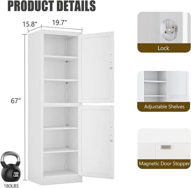 Alt view image 3 of 7 - 2 Door Metal Locker Cabinet, 19.7W Narrow Vertical Steel Storage Cabinet with Locking Door and 4 Adjustable Shelves, Garage Tool File Cabinets for Office, Kitchen, Bathroom, White
