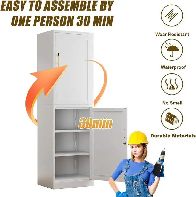 Alt view image 5 of 7 - 2 Door Metal Locker Cabinet, 19.7W Narrow Vertical Steel Storage Cabinet with Locking Door and 4 Adjustable Shelves, Garage Tool File Cabinets for Office, Kitchen, Bathroom, White