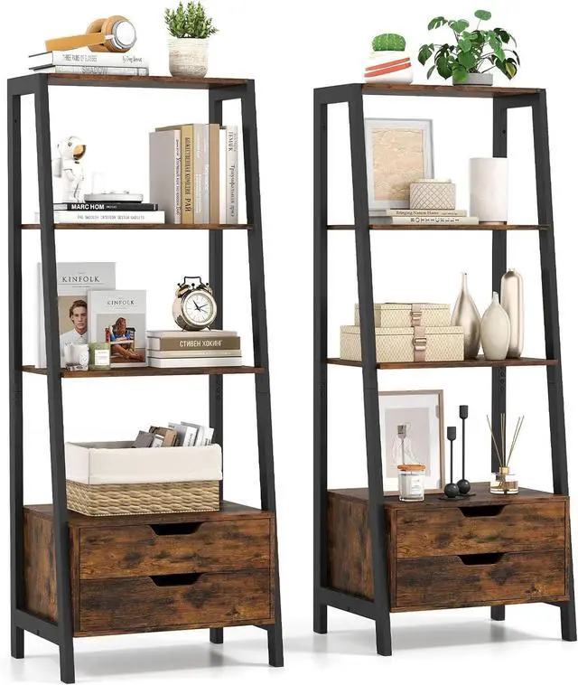 Main image of 4-Tier Ladder Shelf with 2 Drawers, 52.5" Tall Freestanding Bookcase with Sturdy Metal Frame, Shelving Unit Display Rack with Storage for Living Room, Home Office (2,Rustic Brown)