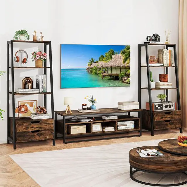 Alt view image 2 of 7 - 4-Tier Ladder Shelf with 2 Drawers, 52.5" Tall Freestanding Bookcase with Sturdy Metal Frame, Shelving Unit Display Rack with Storage for Living Room, Home Office (2,Rustic Brown)
