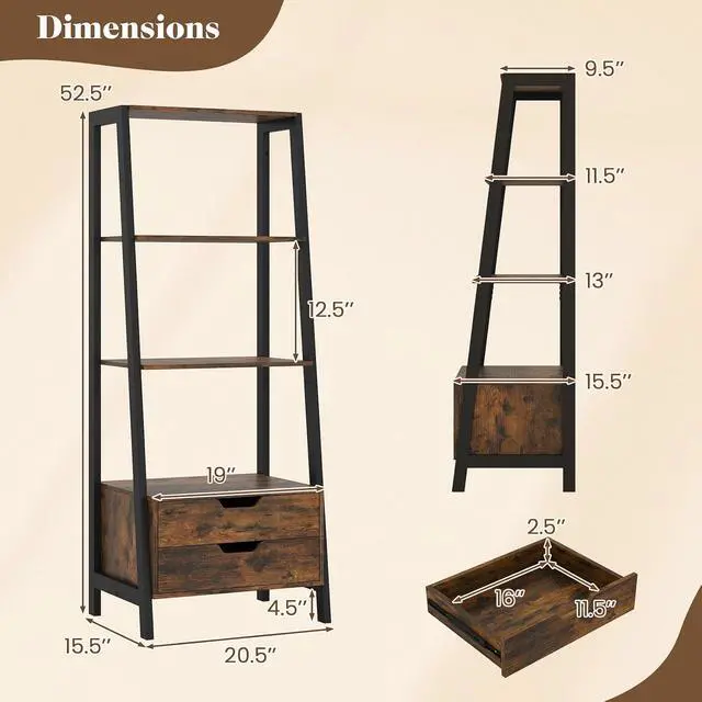 Alt view image 3 of 7 - 4-Tier Ladder Shelf with 2 Drawers, 52.5" Tall Freestanding Bookcase with Sturdy Metal Frame, Shelving Unit Display Rack with Storage for Living Room, Home Office (2,Rustic Brown)