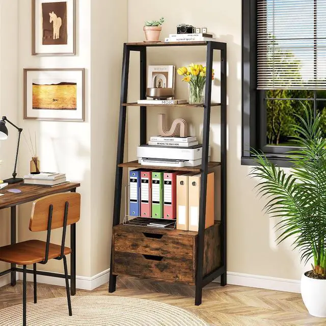 Alt view image 4 of 7 - 4-Tier Ladder Shelf with 2 Drawers, 52.5" Tall Freestanding Bookcase with Sturdy Metal Frame, Shelving Unit Display Rack with Storage for Living Room, Home Office (2,Rustic Brown)