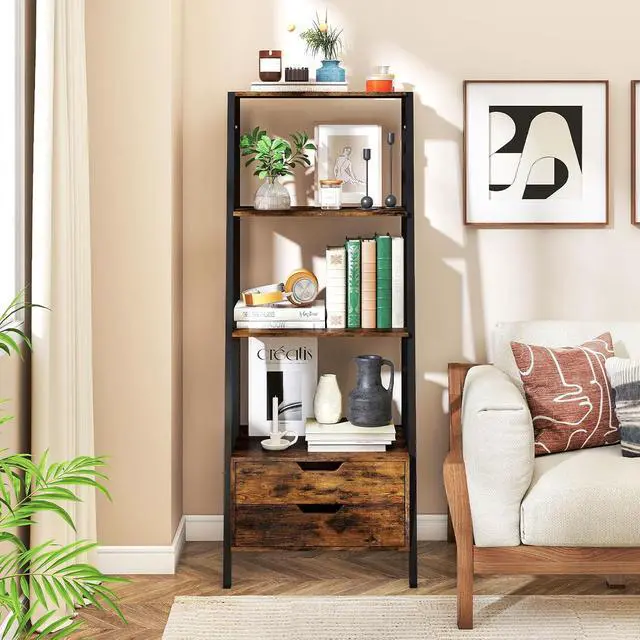 Alt view image 5 of 7 - 4-Tier Ladder Shelf with 2 Drawers, 52.5" Tall Freestanding Bookcase with Sturdy Metal Frame, Shelving Unit Display Rack with Storage for Living Room, Home Office (2,Rustic Brown)