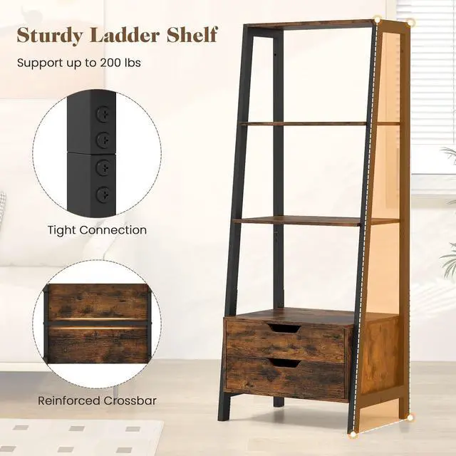 Alt view image 6 of 7 - 4-Tier Ladder Shelf with 2 Drawers, 52.5" Tall Freestanding Bookcase with Sturdy Metal Frame, Shelving Unit Display Rack with Storage for Living Room, Home Office (2,Rustic Brown)