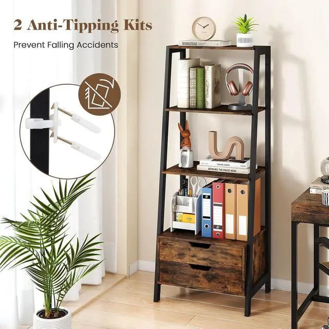 Alt view image 7 of 7 - 4-Tier Ladder Shelf with 2 Drawers, 52.5" Tall Freestanding Bookcase with Sturdy Metal Frame, Shelving Unit Display Rack with Storage for Living Room, Home Office (2,Rustic Brown)