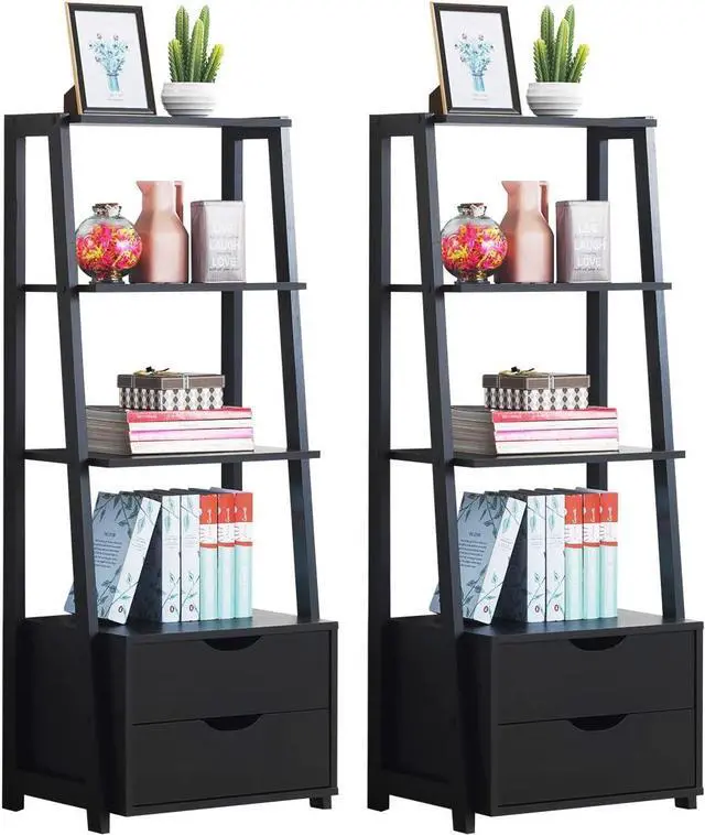 Main image of 4-Tier Ladder Shelf with 2 Drawers, 52.5" Tall Freestanding Bookcase, Shelving Unit Display Rack with Storage for Living Room, Home Office (2, Black)