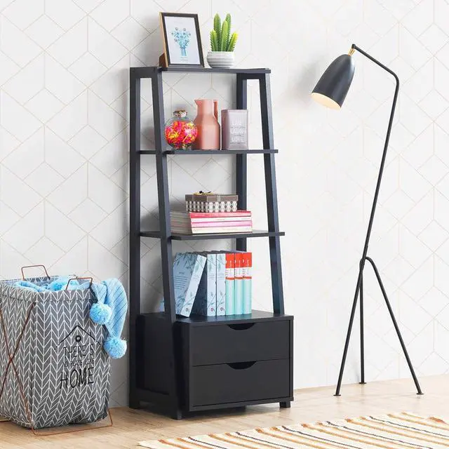 Alt view image 2 of 6 - 4-Tier Ladder Shelf with 2 Drawers, 52.5" Tall Freestanding Bookcase, Shelving Unit Display Rack with Storage for Living Room, Home Office (2, Black)