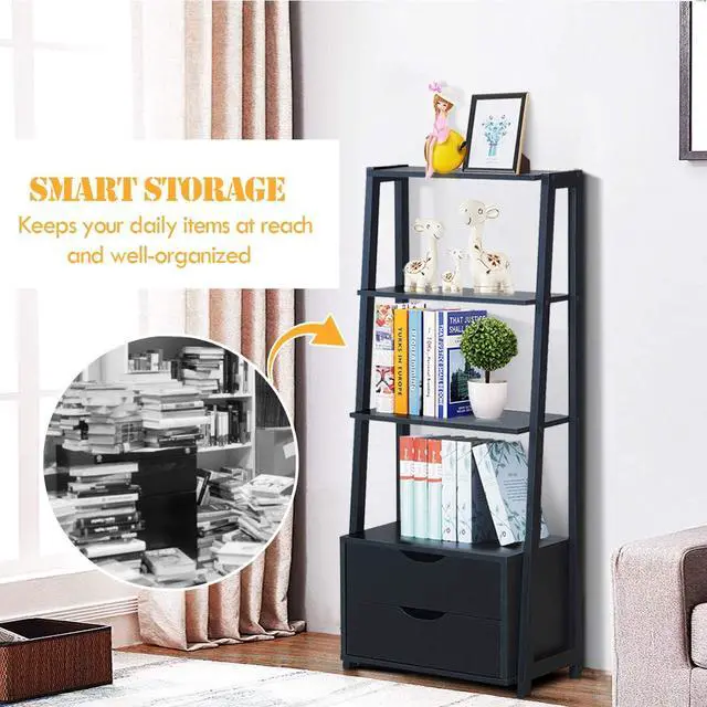 Alt view image 3 of 6 - 4-Tier Ladder Shelf with 2 Drawers, 52.5" Tall Freestanding Bookcase, Shelving Unit Display Rack with Storage for Living Room, Home Office (2, Black)