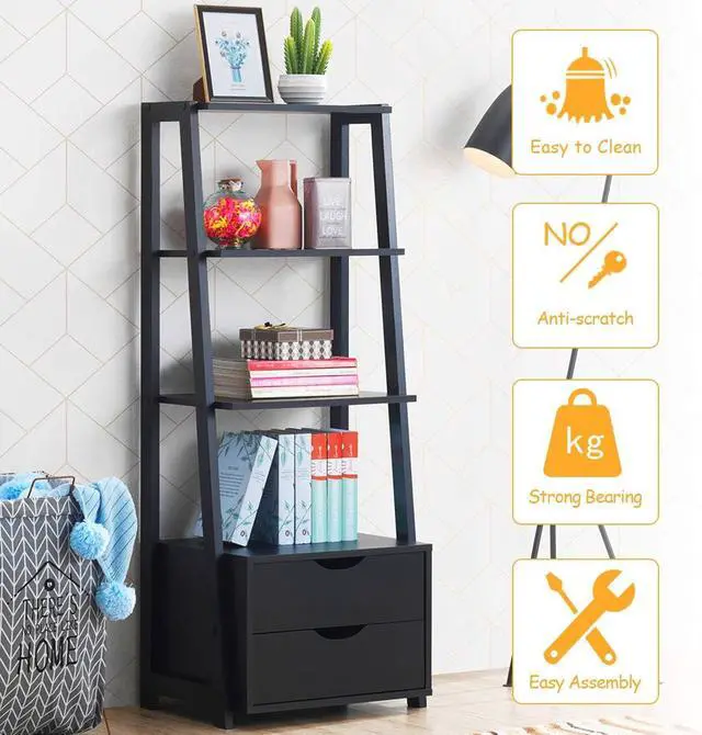 Alt view image 5 of 6 - 4-Tier Ladder Shelf with 2 Drawers, 52.5" Tall Freestanding Bookcase, Shelving Unit Display Rack with Storage for Living Room, Home Office (2, Black)