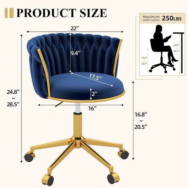 Alt view image 2 of 7 - Velvet Desk Chair, Modern Office Chair with Wheels, Home Swivel Vanity Armchair with Woven Back Comfy Height Adjustable Seat Sturdy Golden Metal Rolling Base for Makeup Bedroom, Dark Blue