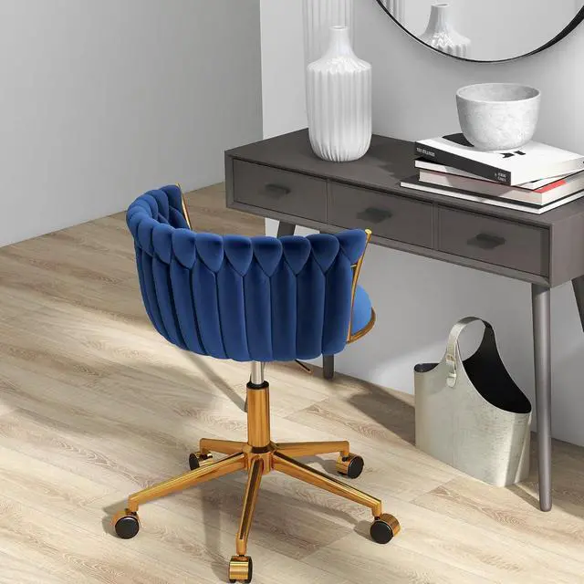 Alt view image 3 of 7 - Velvet Desk Chair, Modern Office Chair with Wheels, Home Swivel Vanity Armchair with Woven Back Comfy Height Adjustable Seat Sturdy Golden Metal Rolling Base for Makeup Bedroom, Dark Blue