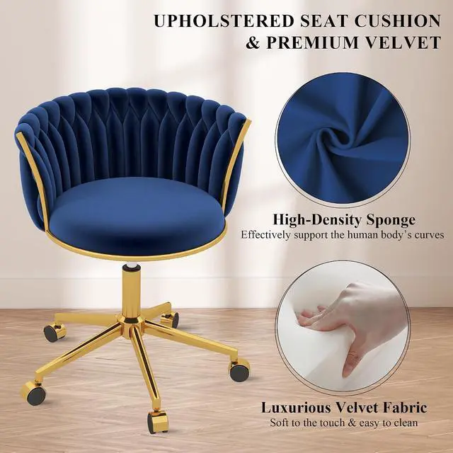 Alt view image 4 of 7 - Velvet Desk Chair, Modern Office Chair with Wheels, Home Swivel Vanity Armchair with Woven Back Comfy Height Adjustable Seat Sturdy Golden Metal Rolling Base for Makeup Bedroom, Dark Blue