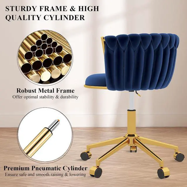 Alt view image 5 of 7 - Velvet Desk Chair, Modern Office Chair with Wheels, Home Swivel Vanity Armchair with Woven Back Comfy Height Adjustable Seat Sturdy Golden Metal Rolling Base for Makeup Bedroom, Dark Blue