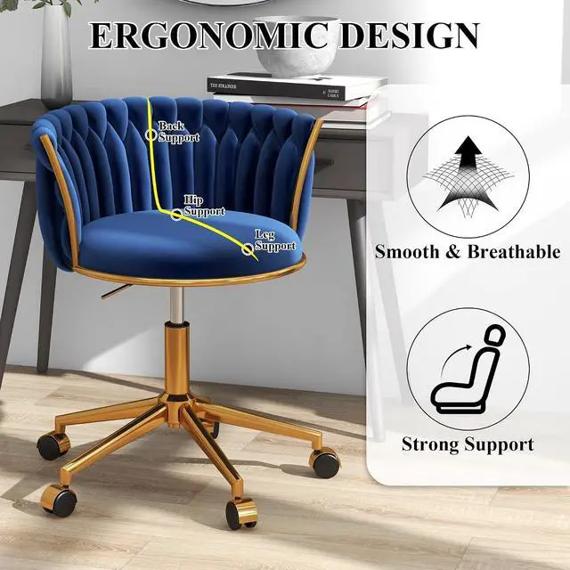 Alt view image 6 of 7 - Velvet Desk Chair, Modern Office Chair with Wheels, Home Swivel Vanity Armchair with Woven Back Comfy Height Adjustable Seat Sturdy Golden Metal Rolling Base for Makeup Bedroom, Dark Blue