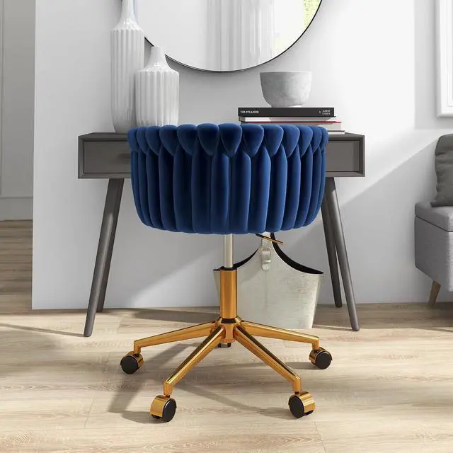 Alt view image 7 of 7 - Velvet Desk Chair, Modern Office Chair with Wheels, Home Swivel Vanity Armchair with Woven Back Comfy Height Adjustable Seat Sturdy Golden Metal Rolling Base for Makeup Bedroom, Dark Blue