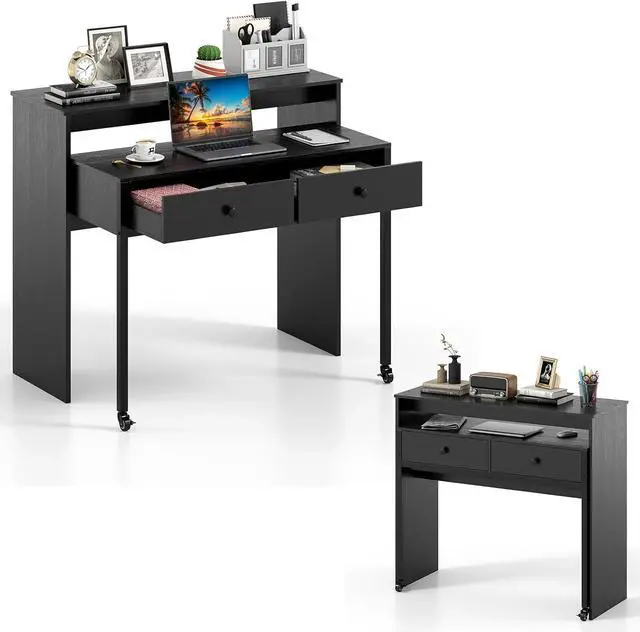 Main image of Small Computer Desk with Hutch & Drawers, Extendable Writing Desk w/Pull Out Secondary Table, Monitor Stand & Rolling Wheels, Console Table, Compact Desk for Small Spaces, Home Office (Black)