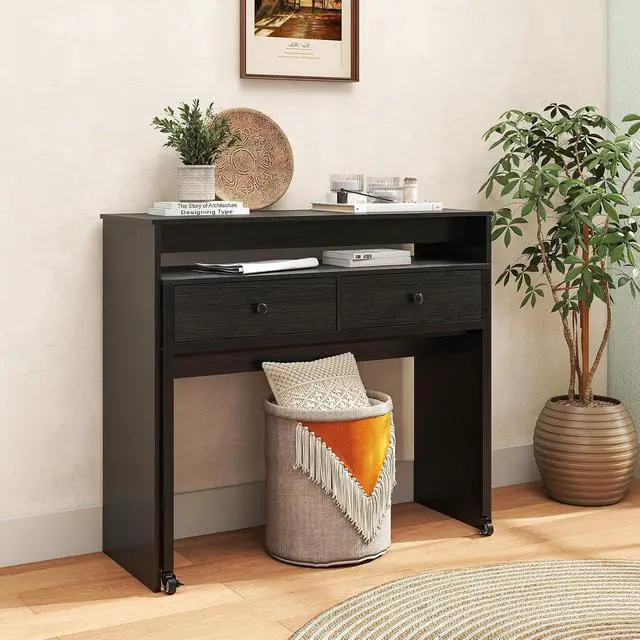 Alt view image 2 of 7 - Small Computer Desk with Hutch & Drawers, Extendable Writing Desk w/Pull Out Secondary Table, Monitor Stand & Rolling Wheels, Console Table, Compact Desk for Small Spaces, Home Office (Black)