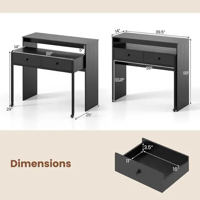 Alt view image 3 of 7 - Small Computer Desk with Hutch & Drawers, Extendable Writing Desk w/Pull Out Secondary Table, Monitor Stand & Rolling Wheels, Console Table, Compact Desk for Small Spaces, Home Office (Black)