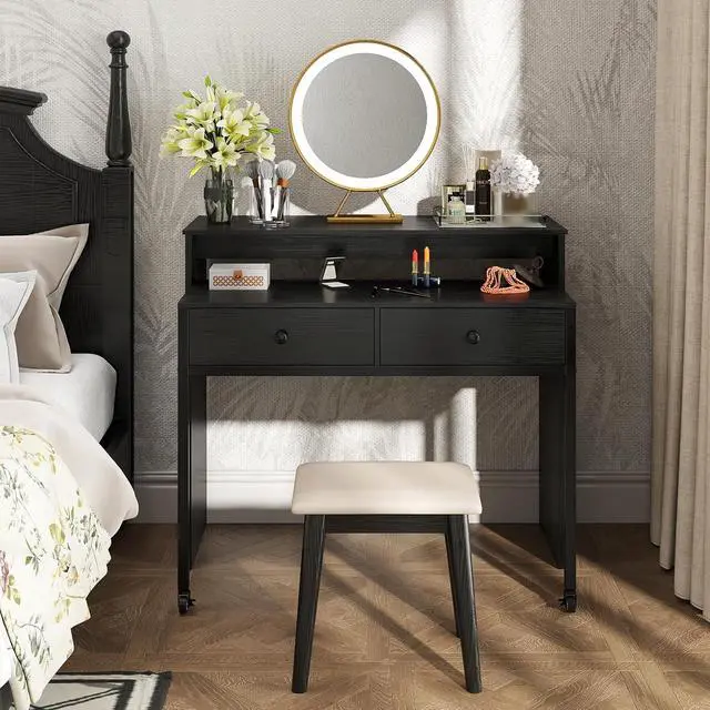 Alt view image 5 of 7 - Small Computer Desk with Hutch & Drawers, Extendable Writing Desk w/Pull Out Secondary Table, Monitor Stand & Rolling Wheels, Console Table, Compact Desk for Small Spaces, Home Office (Black)