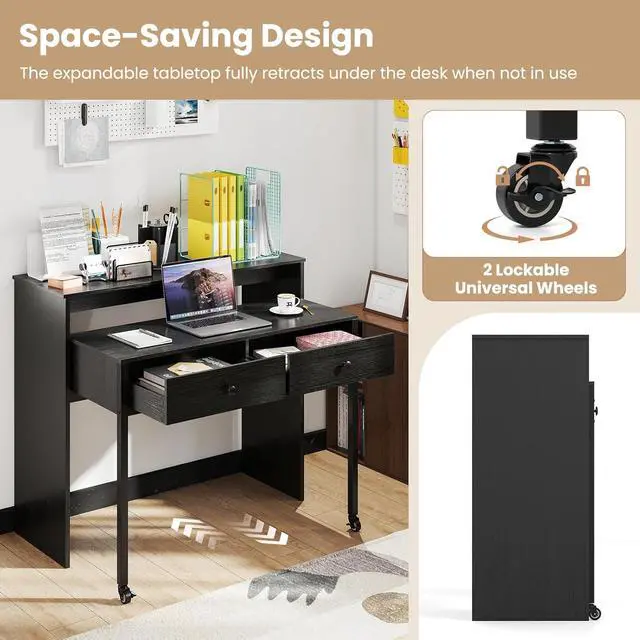 Alt view image 6 of 7 - Small Computer Desk with Hutch & Drawers, Extendable Writing Desk w/Pull Out Secondary Table, Monitor Stand & Rolling Wheels, Console Table, Compact Desk for Small Spaces, Home Office (Black)