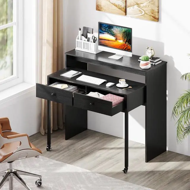 Alt view image 4 of 7 - Small Computer Desk with Hutch & Drawers, Extendable Writing Desk w/Pull Out Secondary Table, Monitor Stand & Rolling Wheels, Console Table, Compact Desk for Small Spaces, Home Office (Black)