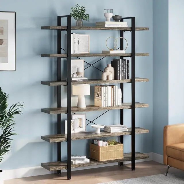 Main image of Heavy Duty 6 Tier Bookcase, 80-in Tall Industrial Modern Large Bookshelf, Wood Farmhouse Bookcases Book Shelves and Metal Frame for Office, Bedroom, Living Room, Grey