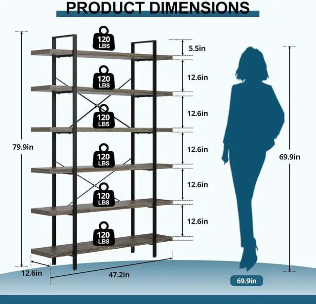 Alt view image 2 of 7 - Heavy Duty 6 Tier Bookcase, 80-in Tall Industrial Modern Large Bookshelf, Wood Farmhouse Bookcases Book Shelves and Metal Frame for Office, Bedroom, Living Room, Grey