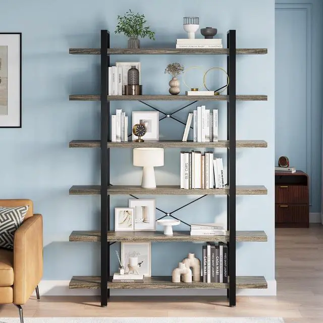 Alt view image 6 of 7 - Heavy Duty 6 Tier Bookcase, 80-in Tall Industrial Modern Large Bookshelf, Wood Farmhouse Bookcases Book Shelves and Metal Frame for Office, Bedroom, Living Room, Grey