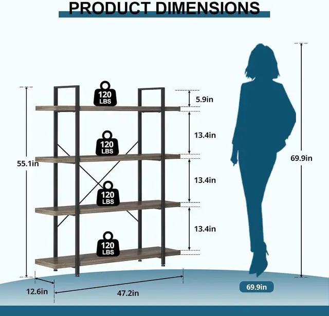 Alt view image 2 of 7 - Heavy Duty 4 Tier Bookcase, 55-in Tall Industrial Modern Large Bookshelf, Wood Farmhouse Bookcases Book Shelves and Metal Frame for Office, Bedroom, Living Room, Grey